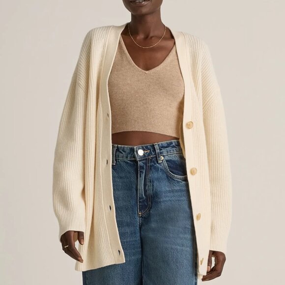 Quince Sweaters - (Quince) Mongolian Cashmere Oversized Boyfriend Cardigan Sweater in Ivory